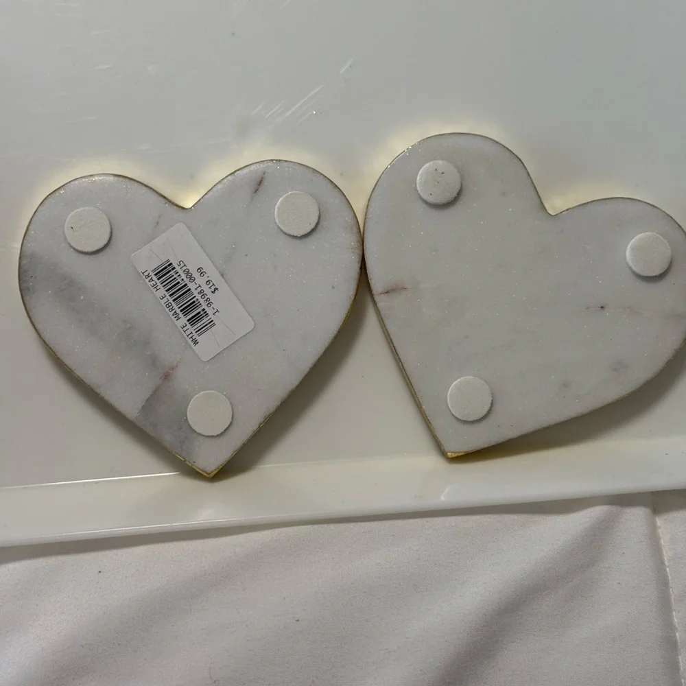 Heart-Shaped Marble Coasters with Gold Trim. (2)